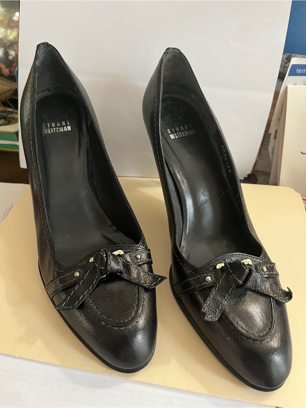 Stuart Weitzman Black Leather Pointed Bow Pumps with Gold Studs, size 9.5 medium